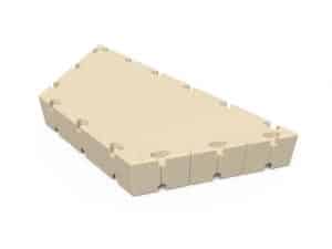 Half-hexagonal wooden dock extending into a calm lake, providing stable access for fish stocking or recreational use.